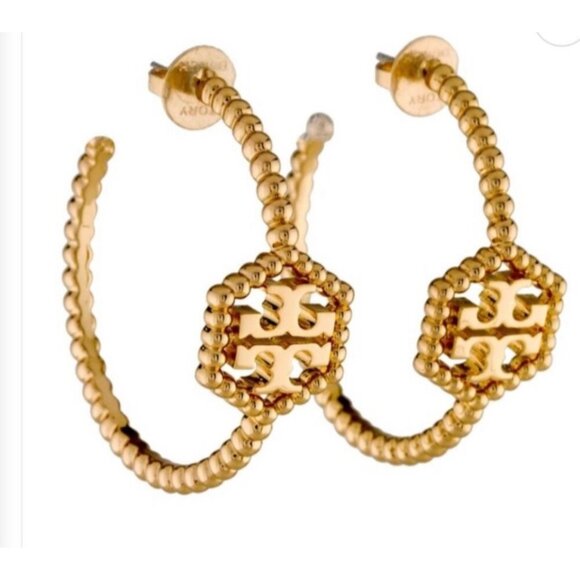 Tory Burch Gold Hexagon Logo Beaded Hoop Earrings! PERFECT XMAS PRESENT! - Picture 2 of 5
